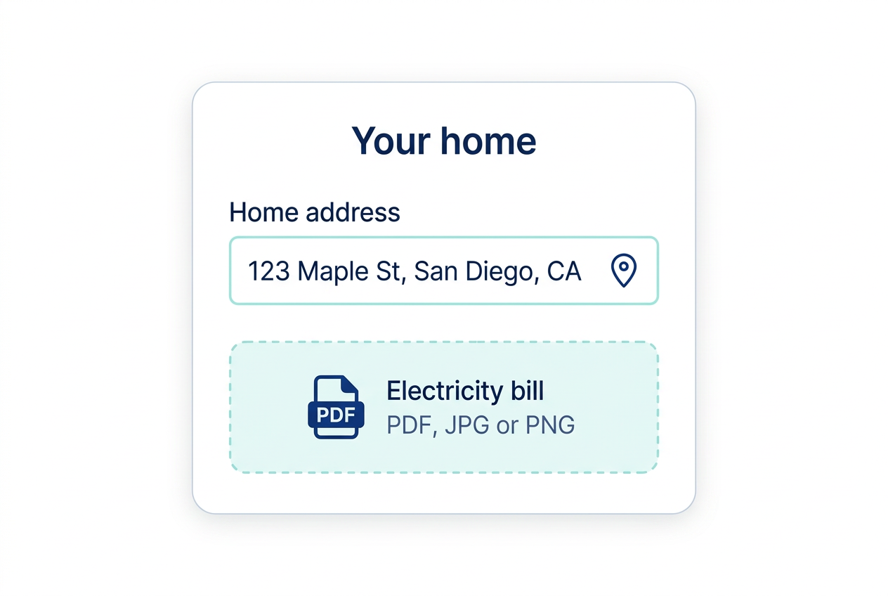Illustrative home address and optional electricity bill upload preview