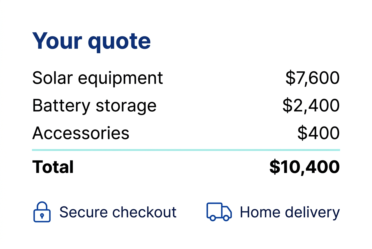 Illustrative quote summary with example pricing, secure checkout and home delivery; not a current quote